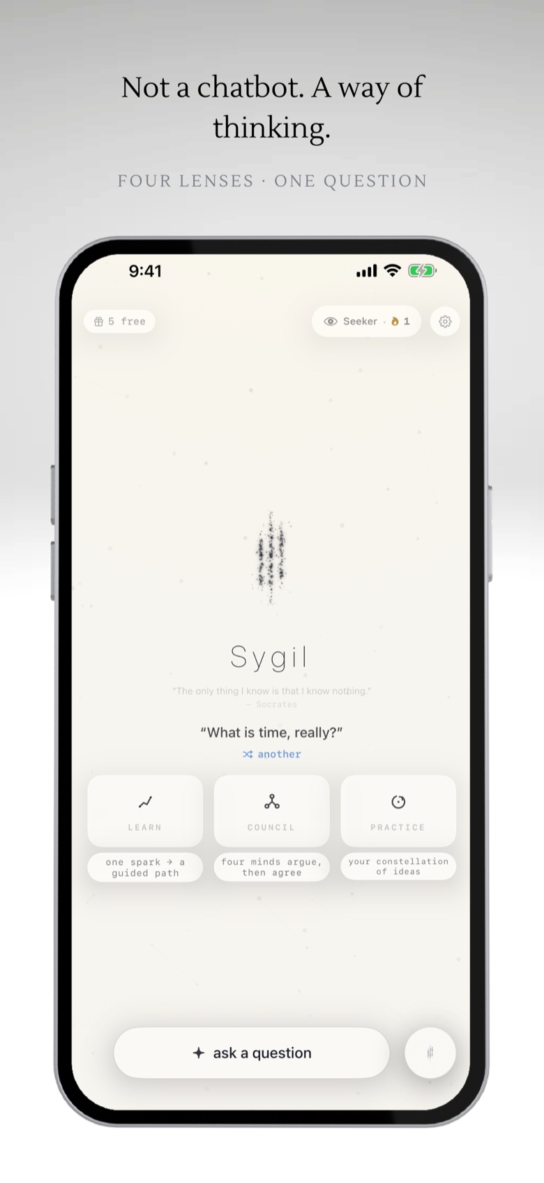 Sygil home screen with the sigil and a prompt to ask anything