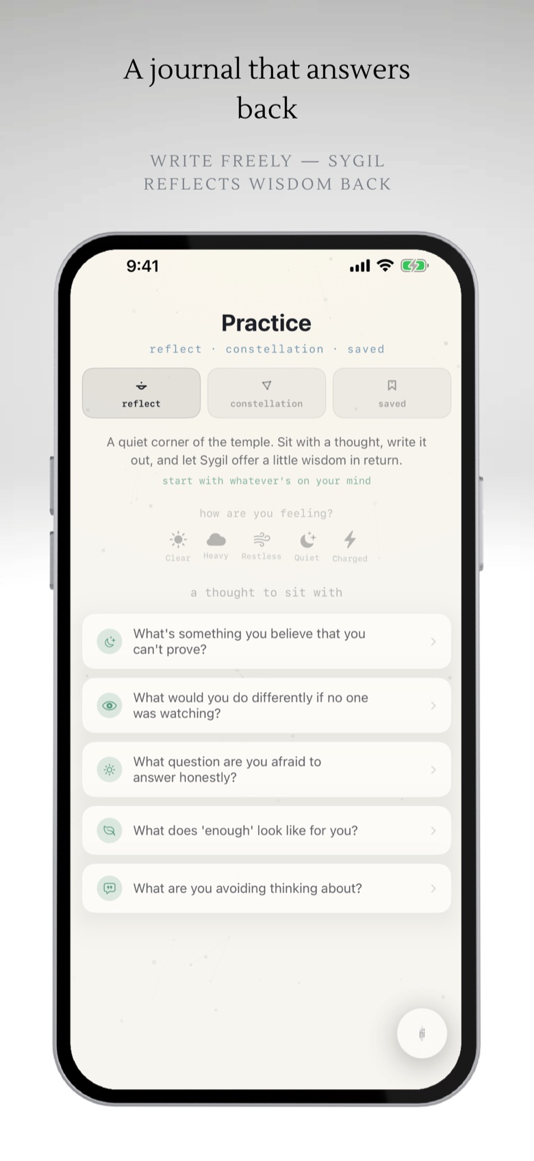 Reflect and journal screen with a contemplative prompt